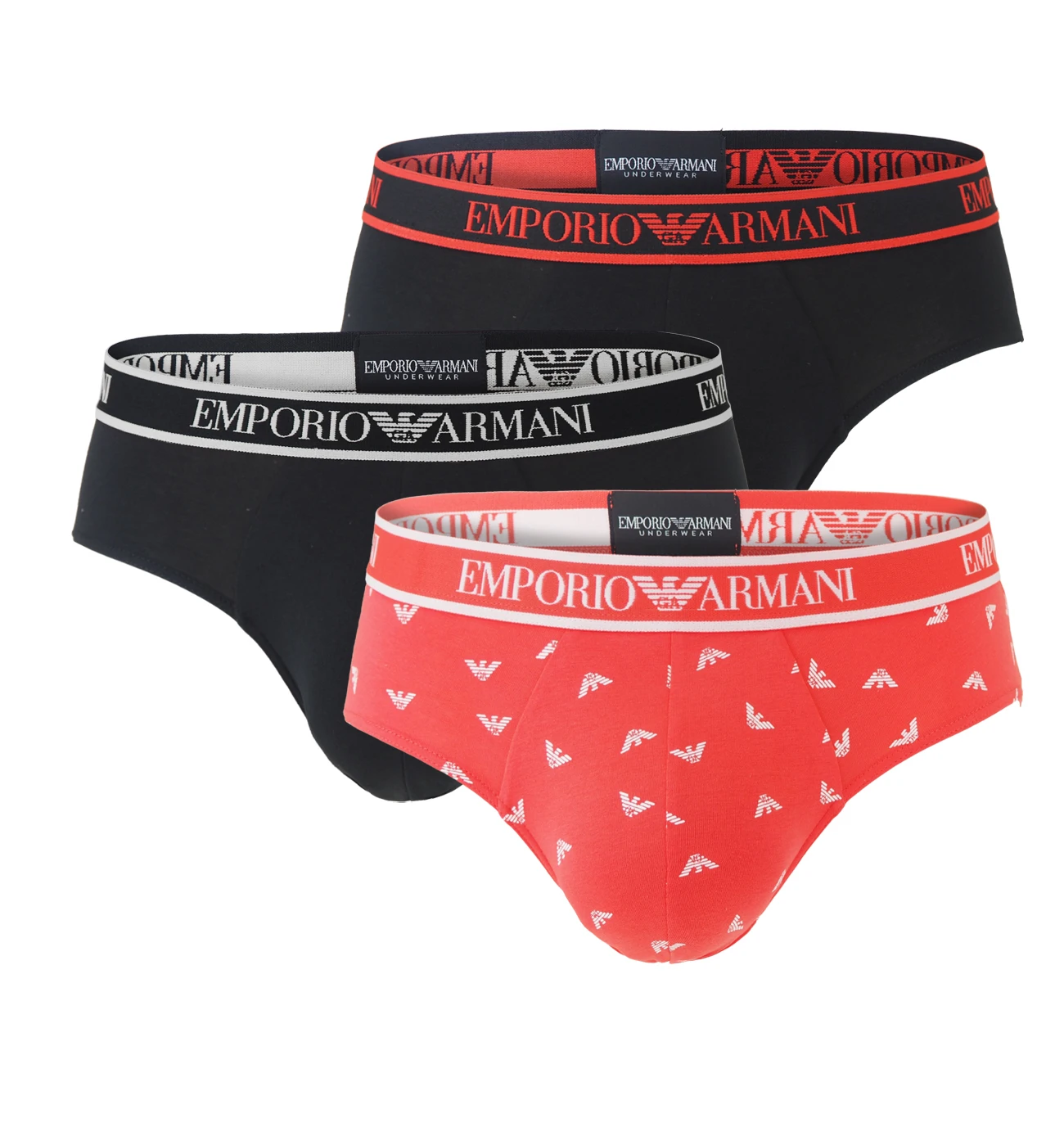 EMPORIO ARMANI - slipy 3PACK stretch cotton fashion nero & bitter s farebným pásom - limited edition