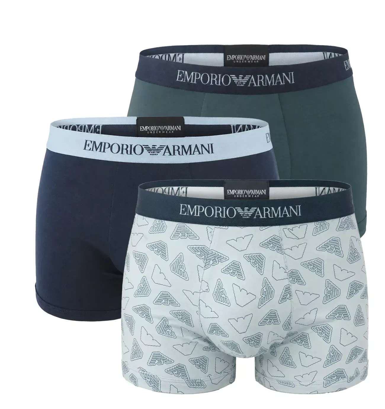 EMPORIO ARMANI - pánske boxerky 3PACK pure cotton Iconic logo blue & petrol tones