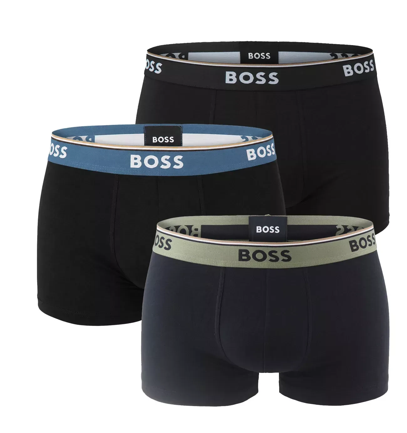 BOSS - pánske boxerky 3PACK Power cotton stretch black / modern forest & blue waist