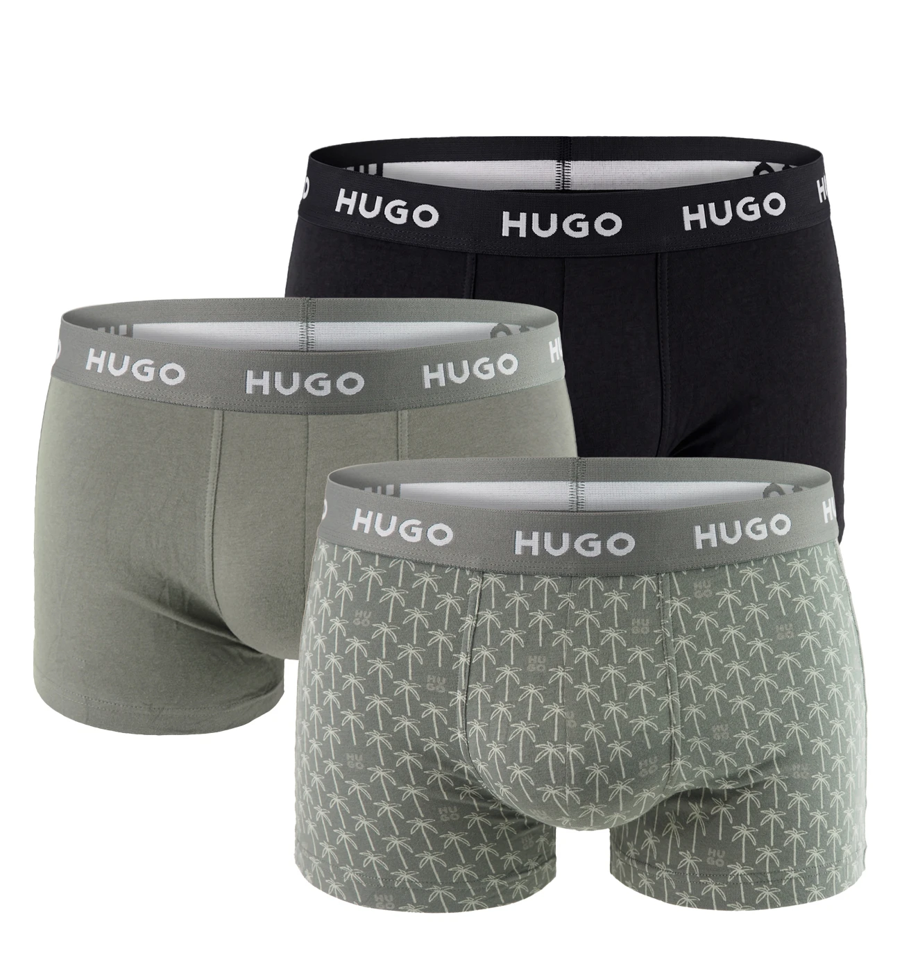 HUGO - boxerky 3PACK cotton stretch olive & black tones / palm