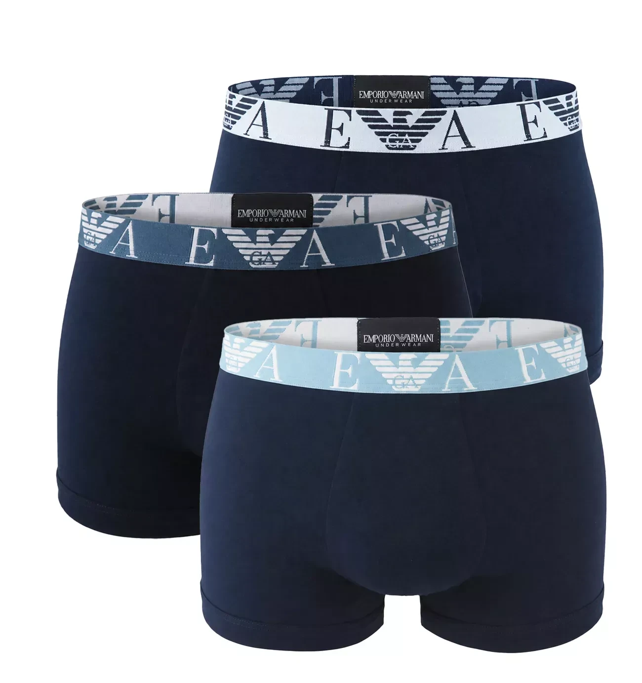 EMPORIO ARMANI - pánske boxerky 3PACK stretch cotton Eagle logo arctic blue tones