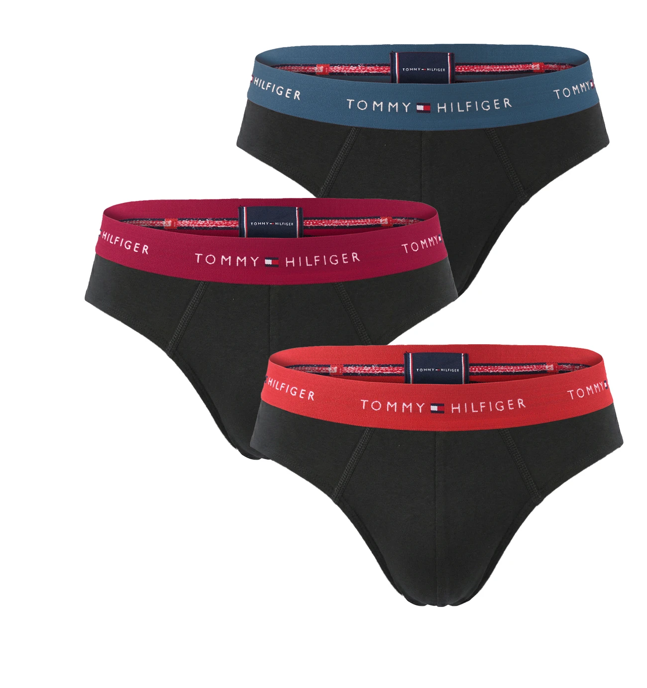 TOMMY HILFIGER - slipy 3PACK eco friendly cotton stretch black / red wine & blue waist