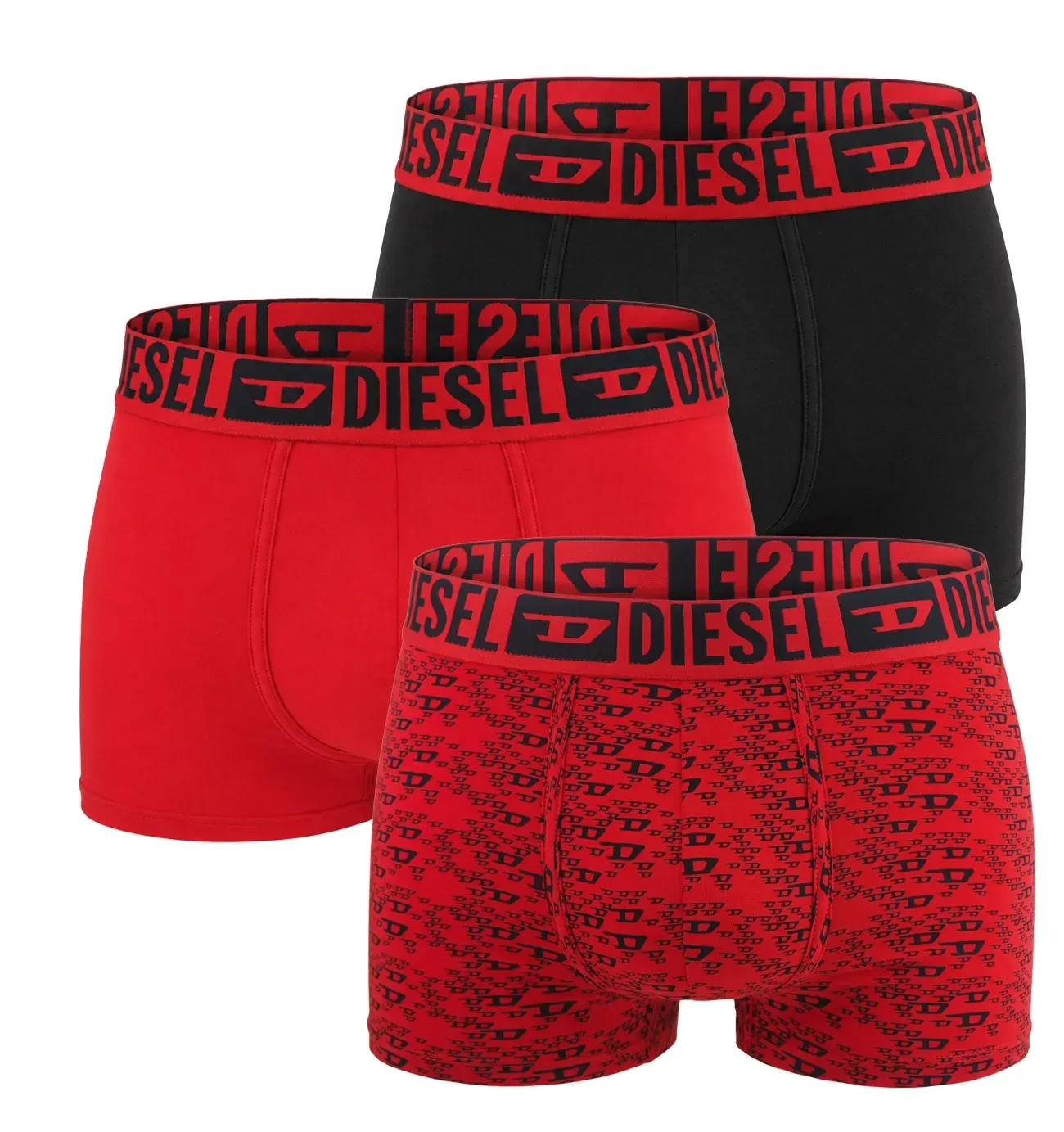 DIESEL - pánske boxerky 3PACK cotton stretch black / allover logo red