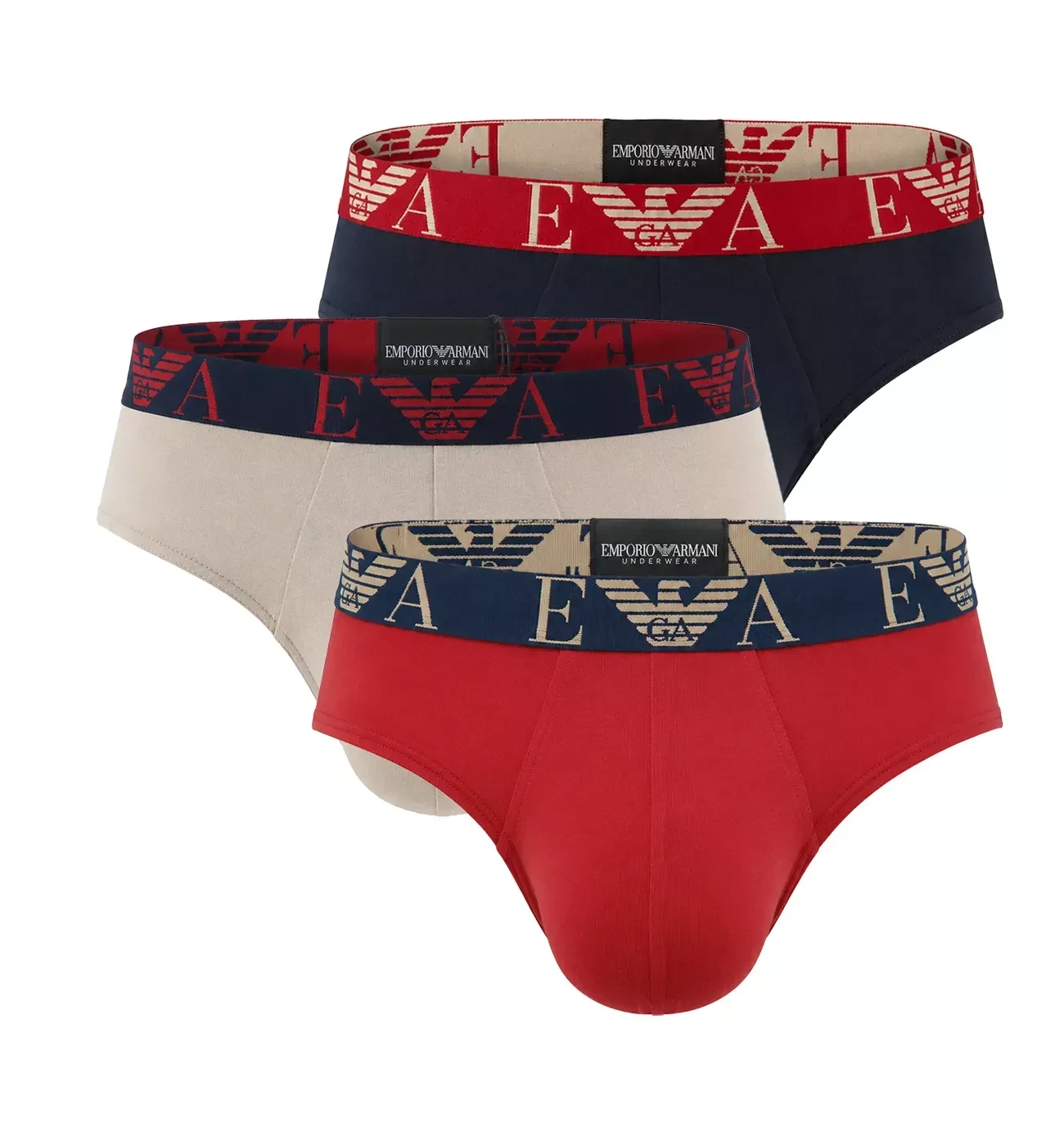 EMPORIO ARMANI - pánske slipy 3PACK stretch cotton Eagle logo blue & scooter red tones