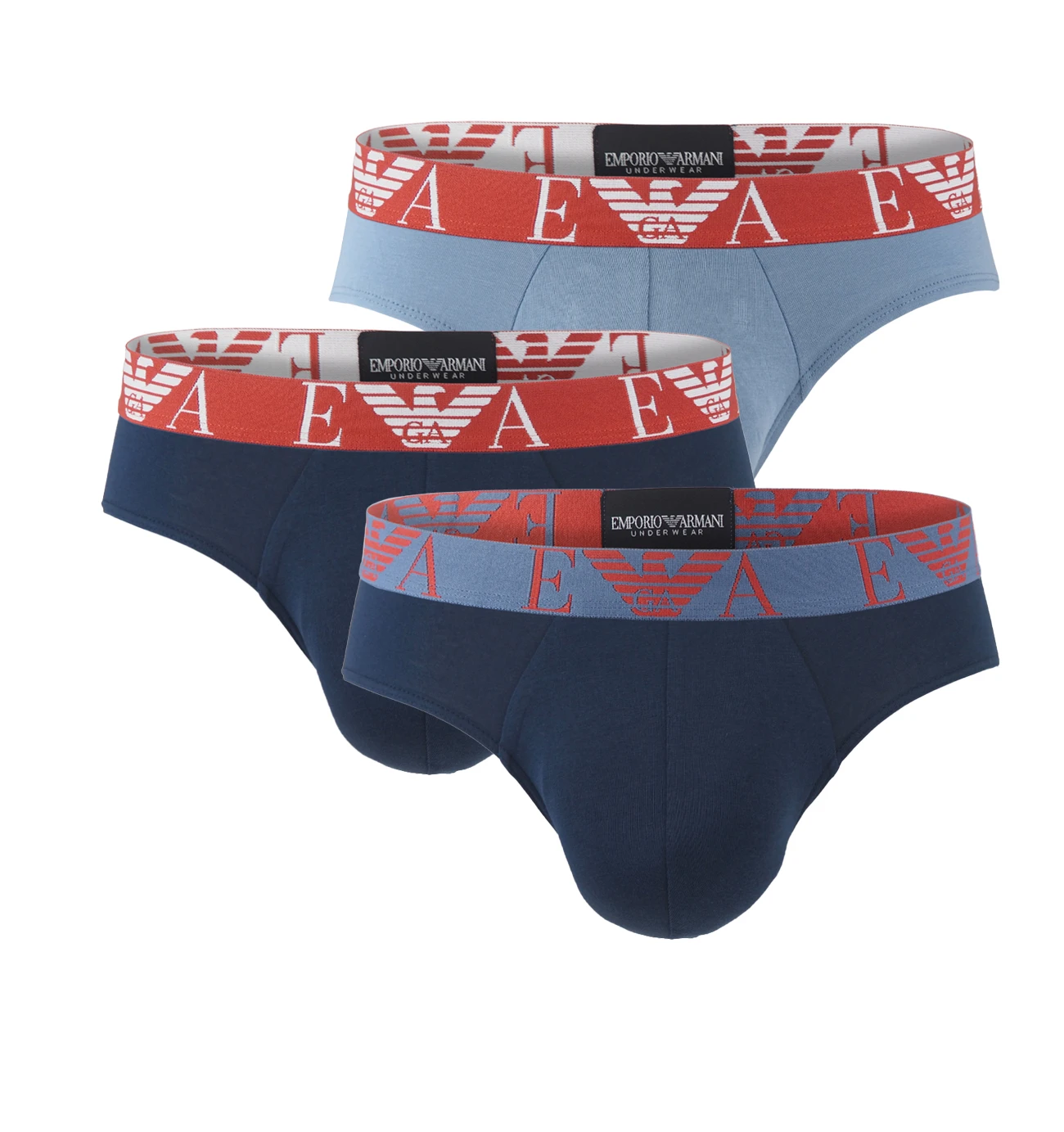 EMPORIO ARMANI - slipy 3PACK stretch cotton blu con rosso & blu Armani logo - limited edition