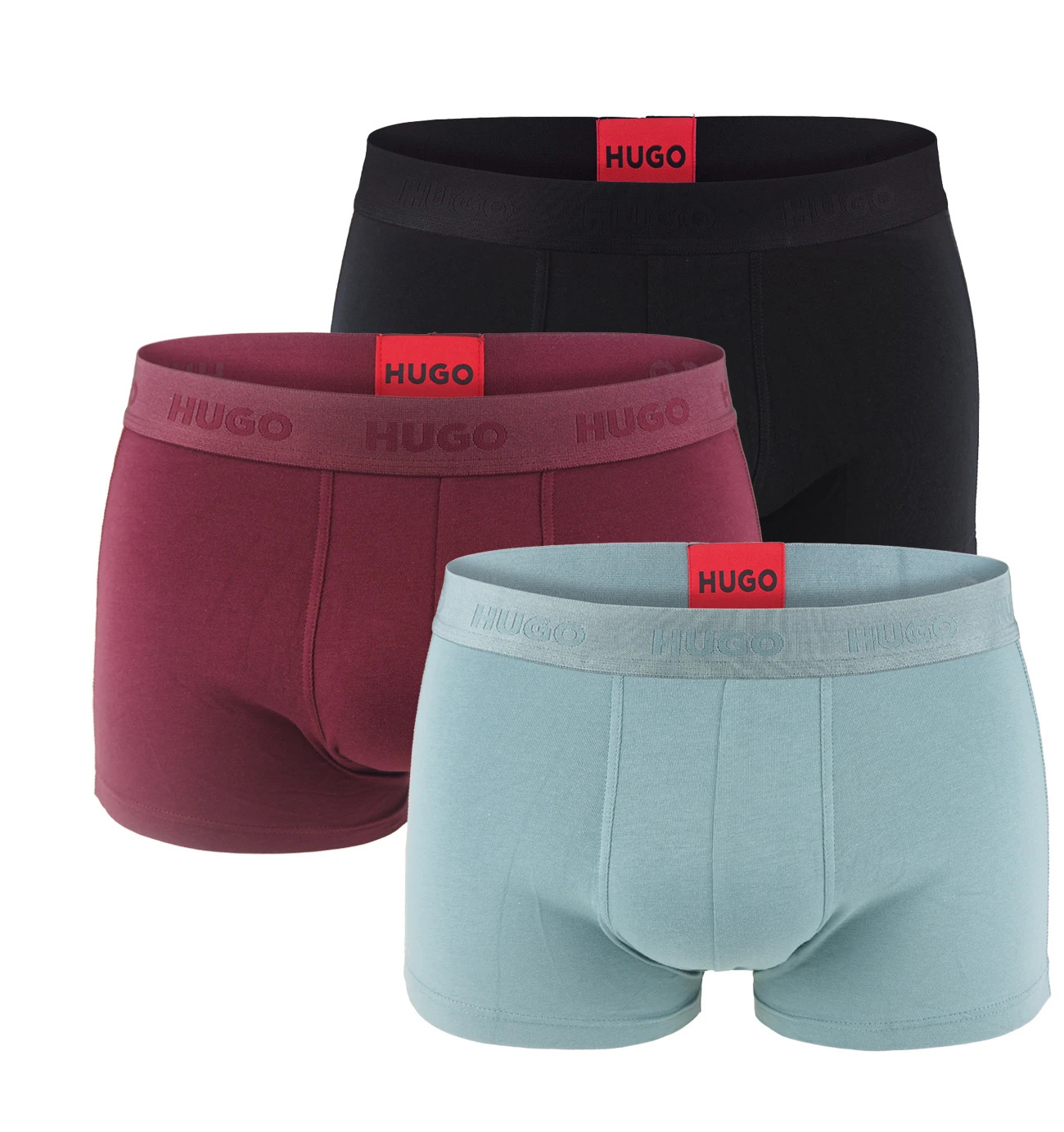 HUGO - boxerky 3PACK eco friendly cotton stretch red wine & saga blue tones