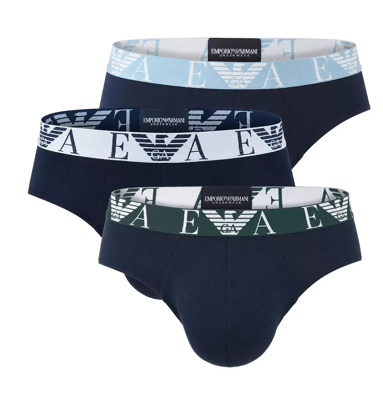 EMPORIO ARMANI - pánske slipy 3PACK stretch cotton Eagle logo arctic blue tones