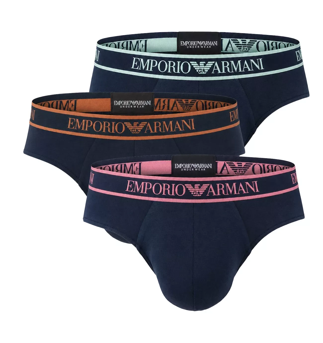 EMPORIO ARMANI - pánske slipy 3PACK stretch cotton iconic Armani logo arctic blue / pop waist