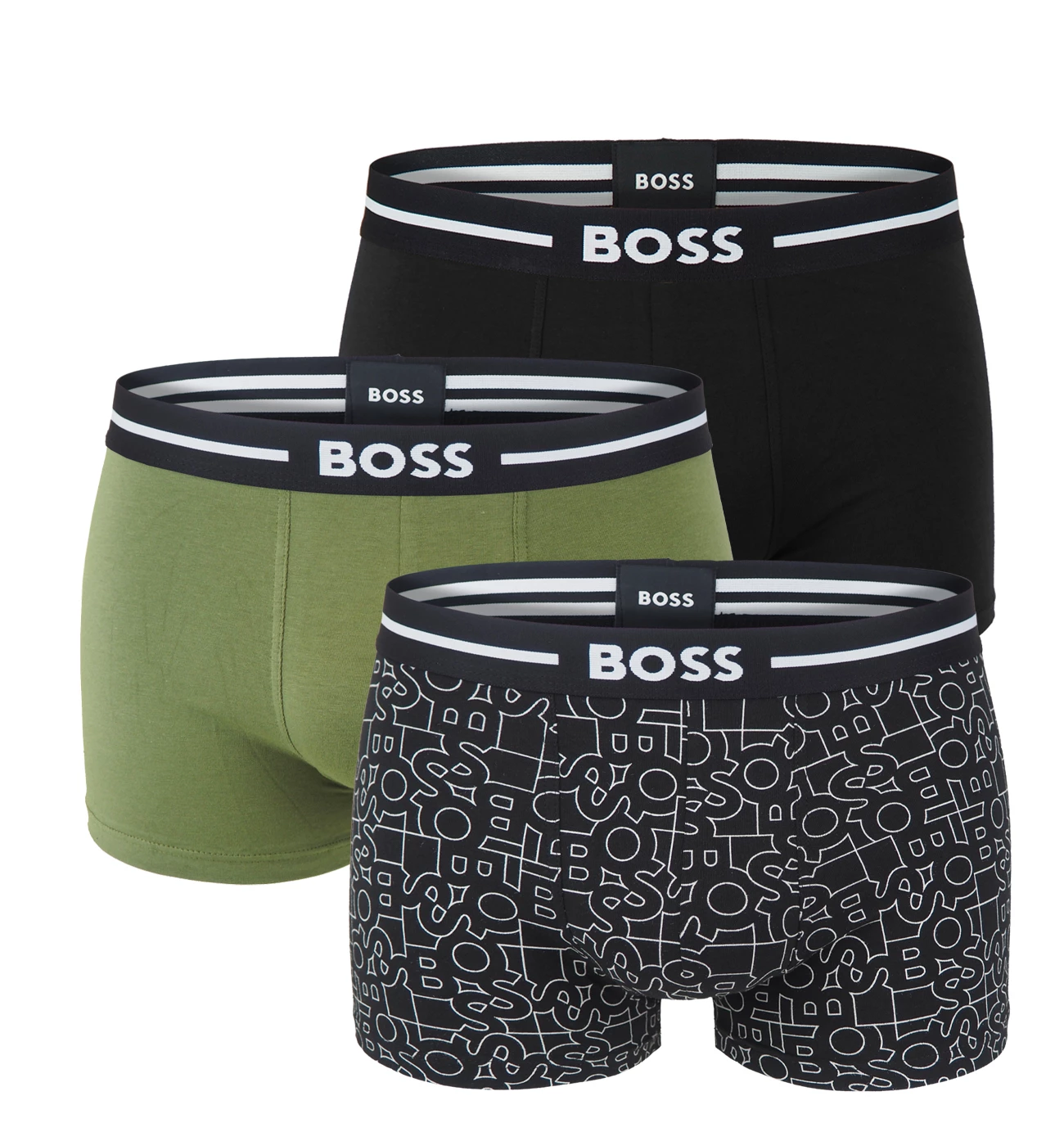 BOSS - boxerky 3PACK cotton stretch BOLD army green & logo combo - limitovaná fashion edícia (HUGO BOSS)