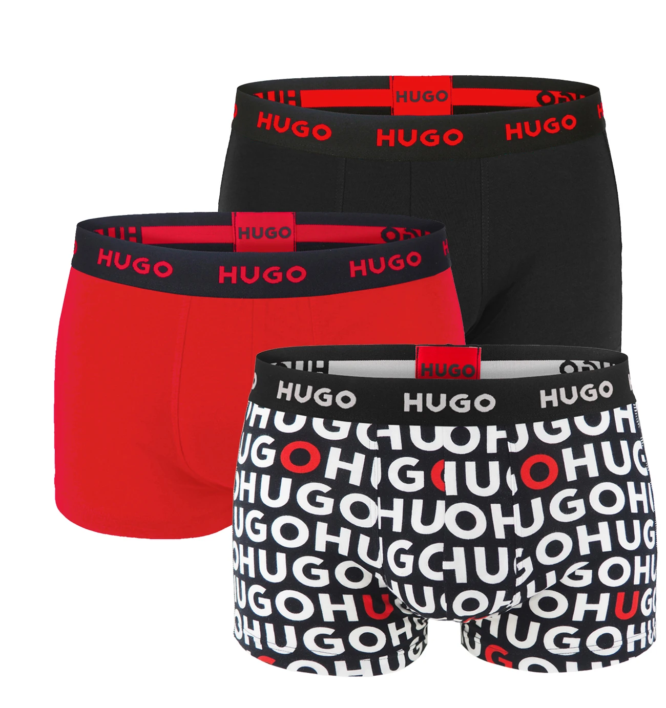 HUGO - boxerky 3PACK cotton stretch modern black & red color / logo HUGO