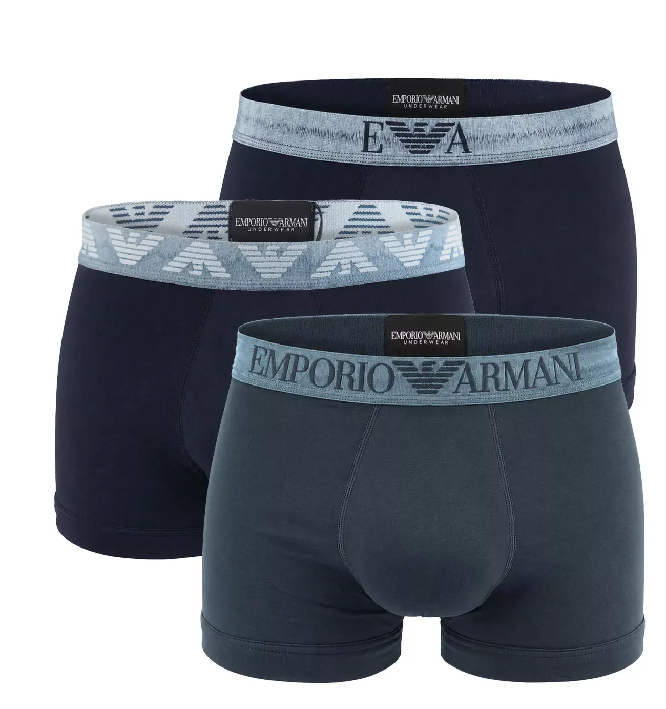 EMPORIO ARMANI - pánske boxerky 3PACK premium organic cotton Shiny navy & petrol tones