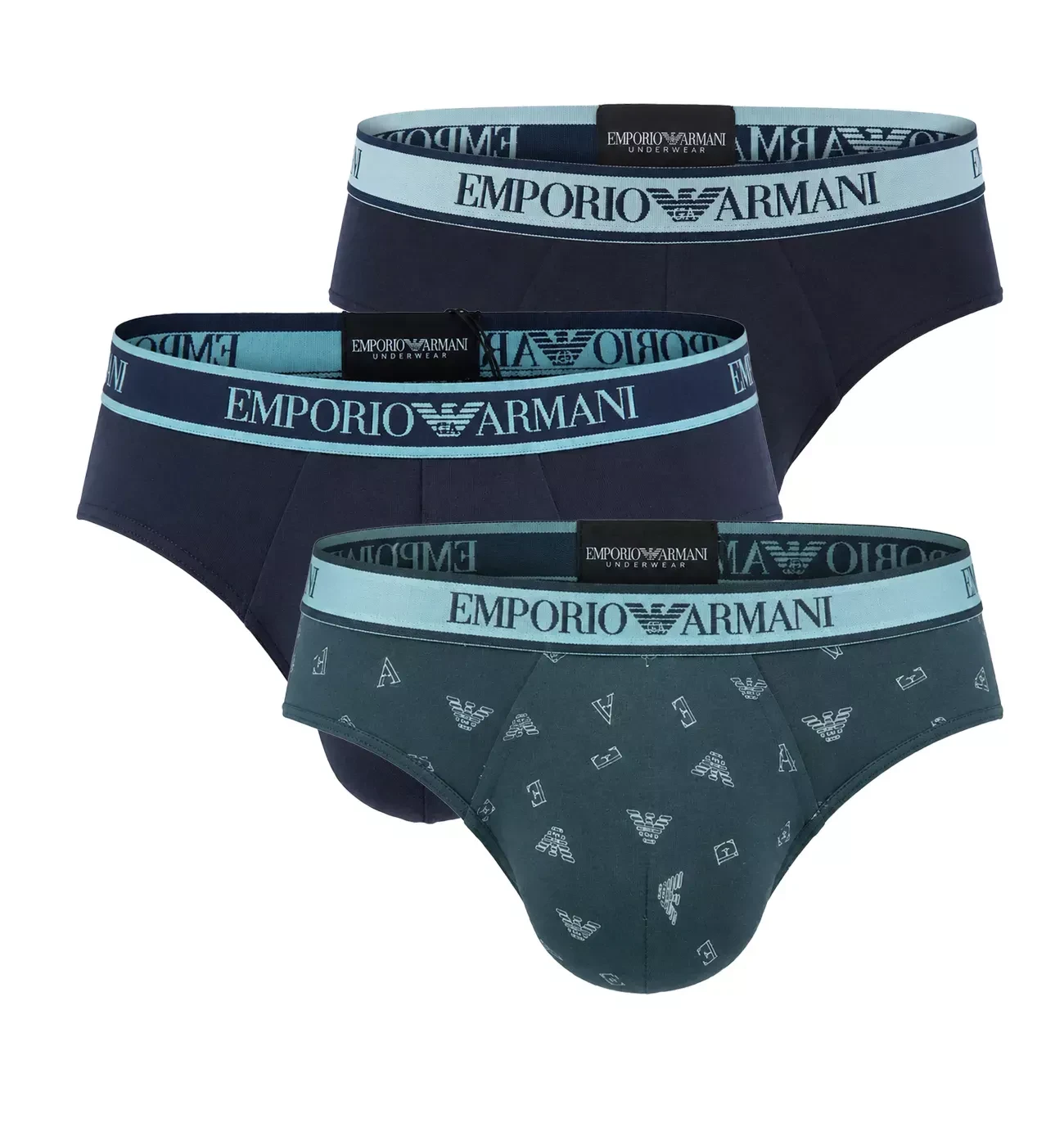 EMPORIO ARMANI - pánske slipy 3PACK stretch cotton iconic Armani logo sky blue tones