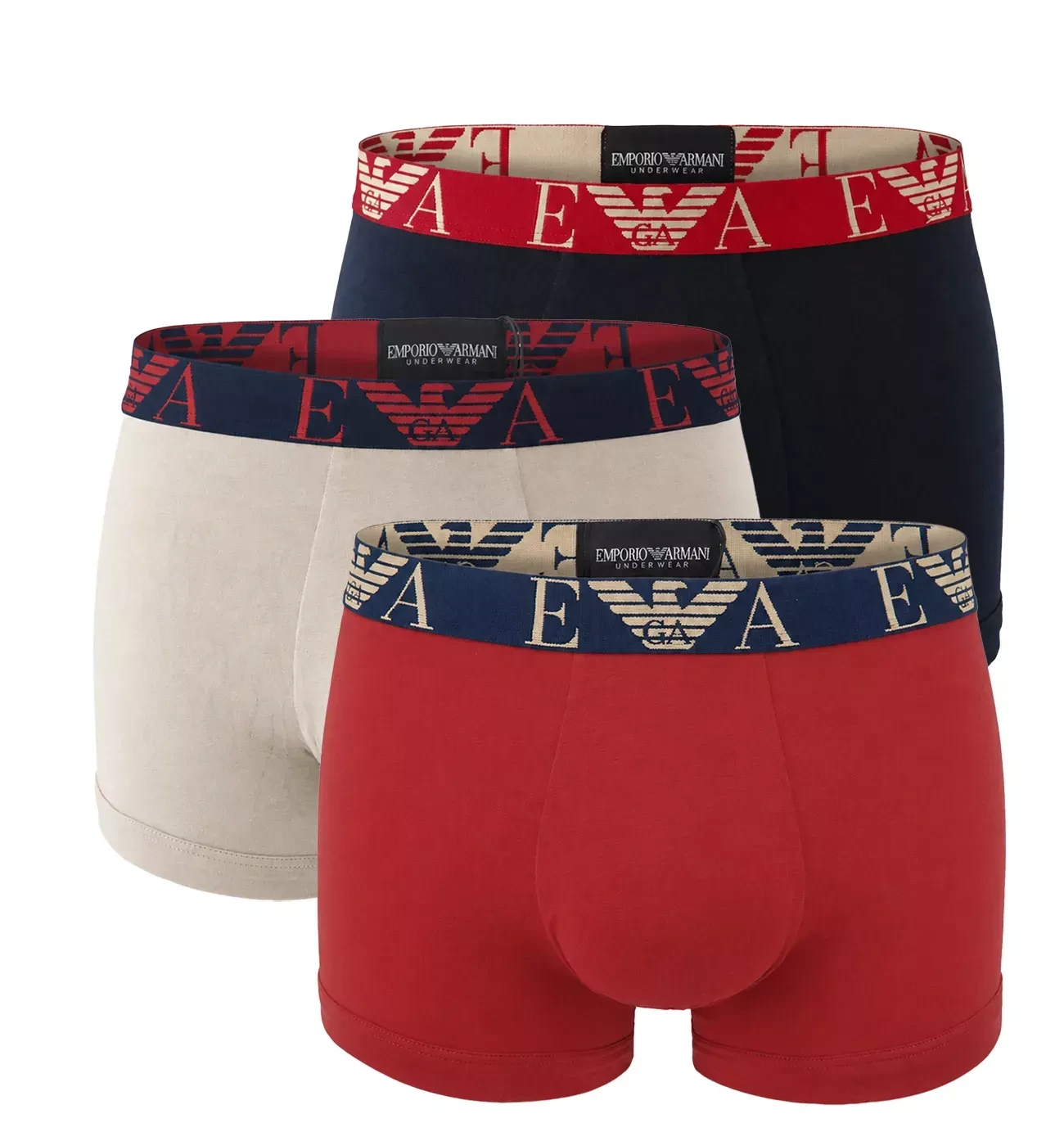 EMPORIO ARMANI - pánske boxerky 3PACK stretch cotton Eagle logo blue & scooter red tones