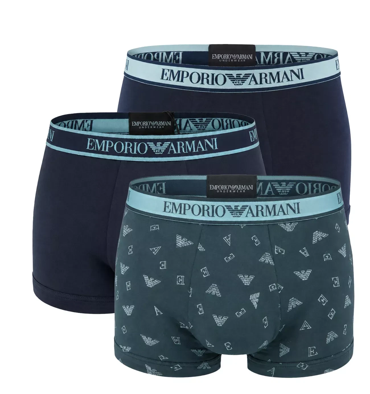 EMPORIO ARMANI - pánske boxerky 3PACK stretch cotton iconic Armani logo sky blue tones