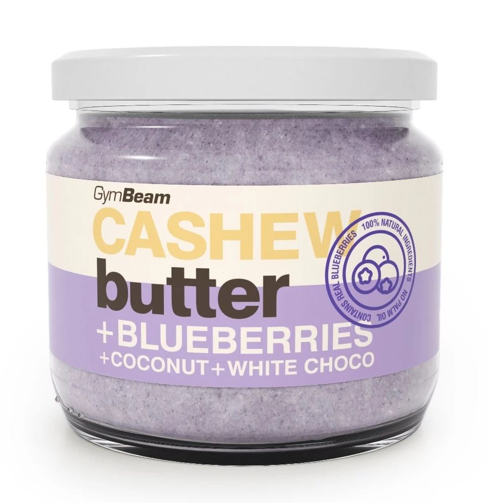 Cashew Butter ochutené - GymBeam 340 g Blueberries+Coconut+White Choco