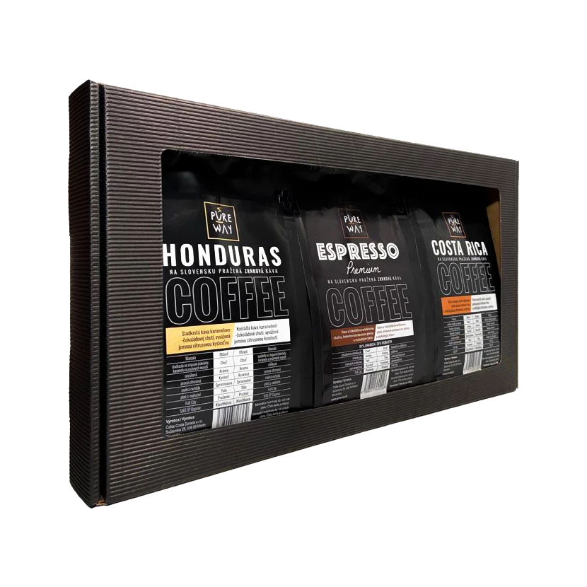 Pure Way Darčekový set zrnkových odrodových káv 3 x 200g - Honduras, Costa Rica, Espresso