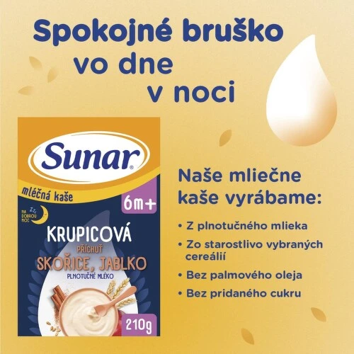 SUNAR Mliečna kaša krupicová na dobrú noc škorica jablko 6+ 210 g