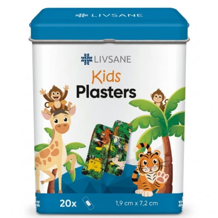 LIVSANE Detské náplasti v plechovej krabičke prúžky 2 motívy 19x72 mm 20 ks