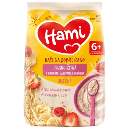 HAMI Mliečna kaša ovseno-ražná maliny jahody banán 210 g