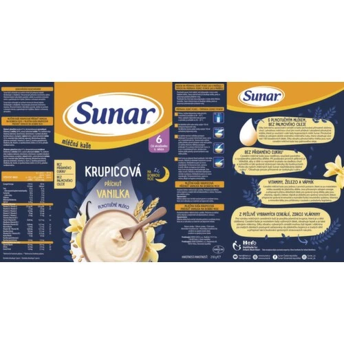 SUNAR Mliečna kaša krupicová na dobrú noc vanilka 6+ 210 g