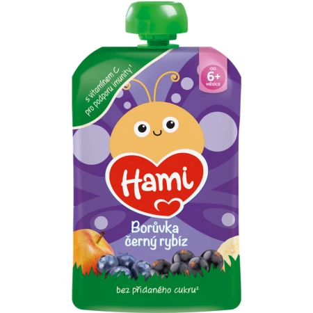 HAMI Ovocný príkrm v kapsičke príchuť čierne ríbezle čučoriedky jablko banán 100 g