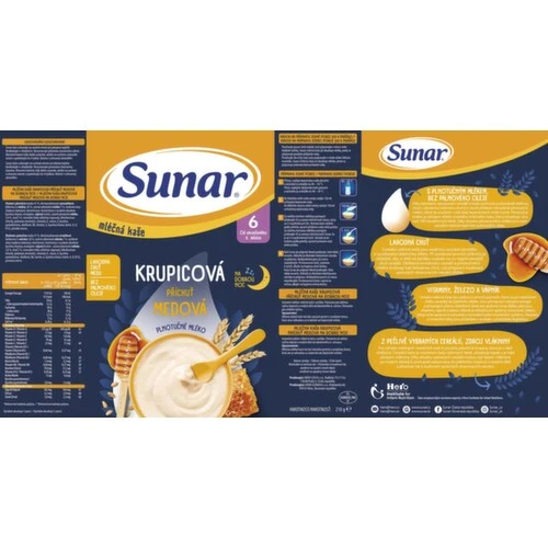 SUNAR Mliečna kaša krupicová na dobrú noc medová 6+ 210 g