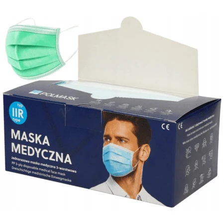 POLMASK Rúško zdravotnícke zelené nesterilné jednorazové typ IIR s gumičkami 50 ks