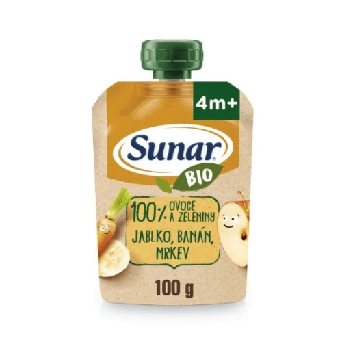 SUNAR Bio ovocná kapsička jablko banán mrkva 4m+ 100 g