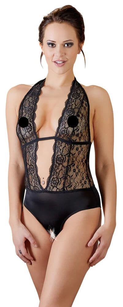 Cottelli – čipkované body s ramienkom okolo krku, otvorený rozkrok (čierne)L