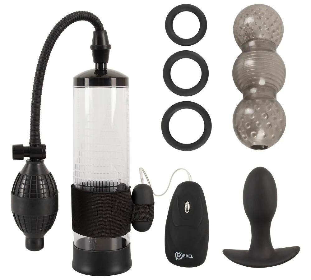 REBEL Performance Set – 7-dielna sada pre mužov (pumpa + vibro bullet + vibračný plug + masturbátor + 3 krúžky)