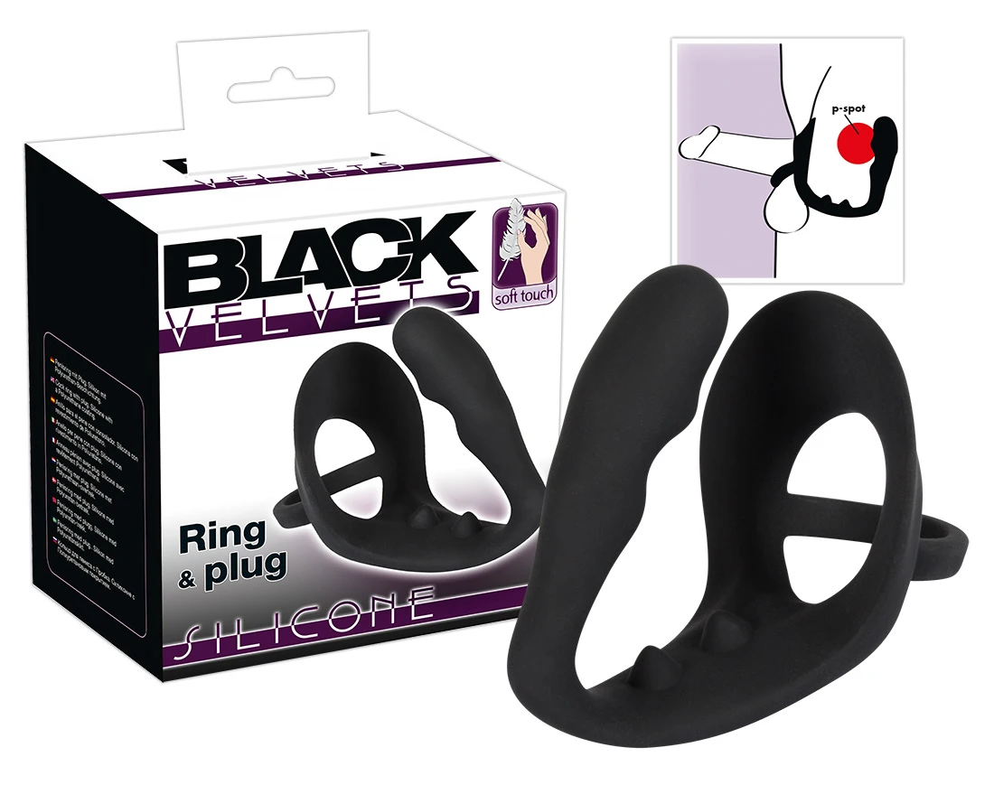 You2Toys Black Velvet Ring&Plug – krúžok na penis a semenníky s análnym dildom (čierny)