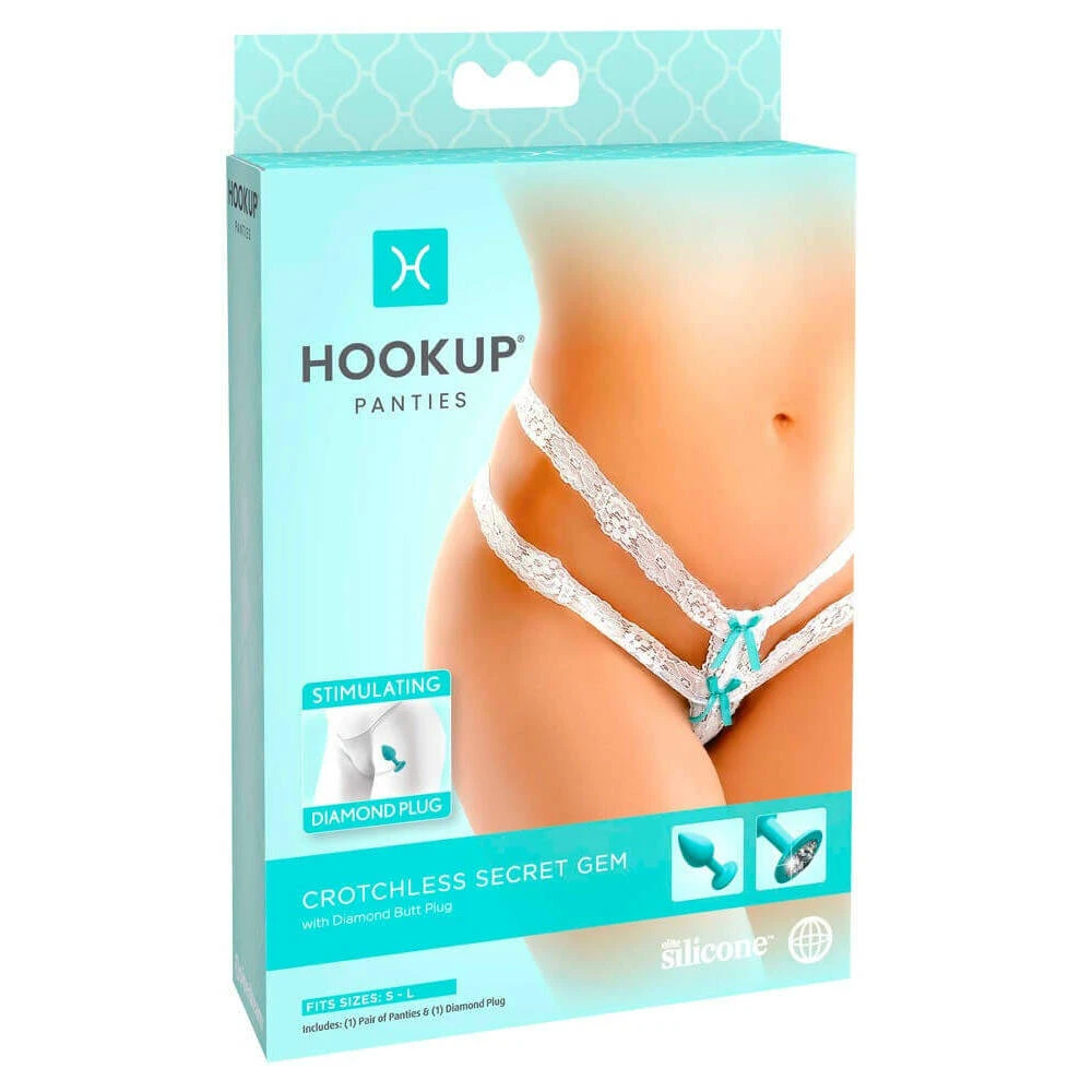 HOOKUP Panties with Diamond Plug – čipkované tanga s análnym plugom (bielo-tyrkysové)S-L