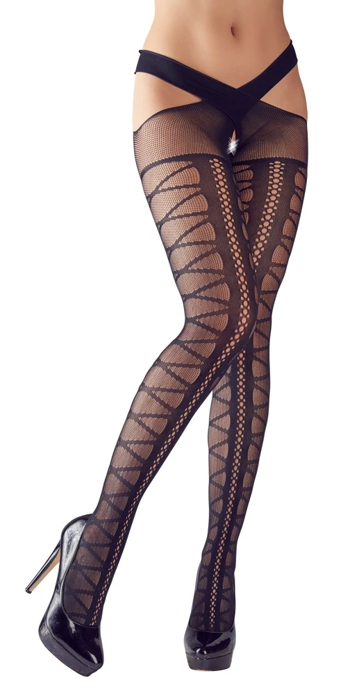 Cottelli Legwear – sieťované pančuchy s krížovými bedrovými pásmi, otvorený rozkrok (S–L)