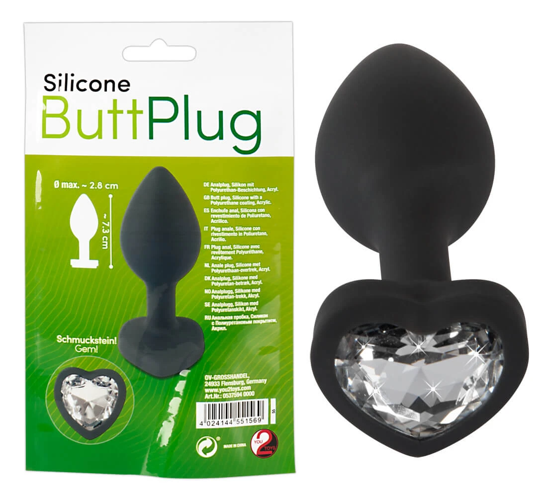 You2Toys Silicone Butt Plug – análny kolík so srdiečkovým kamienkom, čierny