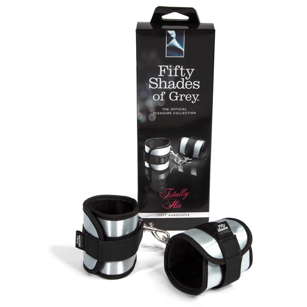 Fifty Shades of Grey Totally His Soft Handcuffs – mäkké putá na ruky, čierno-strieborné