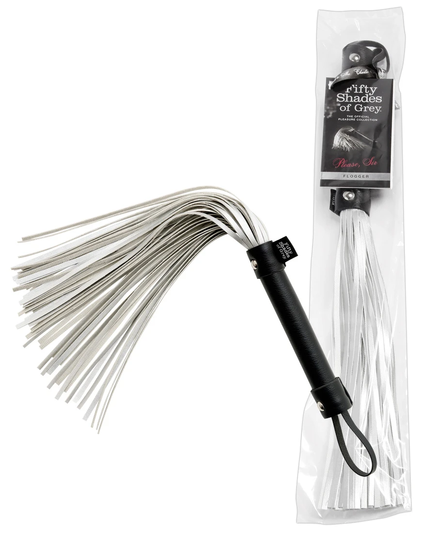 Fifty Shades of Grey Please Sir – exkluzívny flogger bič, strieborno-čierny, 38 cm