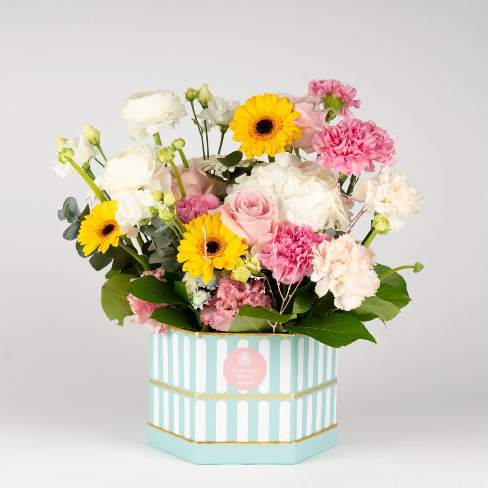 Kvetinový box Sweet surprise - tyrkysový S